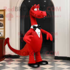 Red Brachiosaurus mascot costume character dressed with a Tuxedo and Bow ties