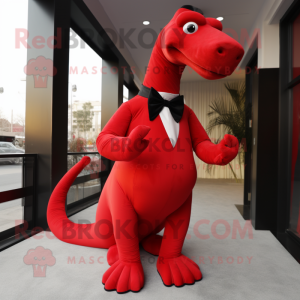 Red Brachiosaurus mascot costume character dressed with a Tuxedo and Bow ties