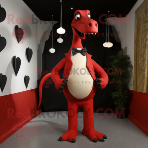 Red Brachiosaurus mascot costume character dressed with a Tuxedo and Bow ties