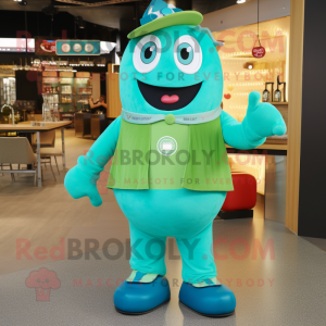 Turquoise Green Beer mascot costume character dressed with a Chinos and Belts