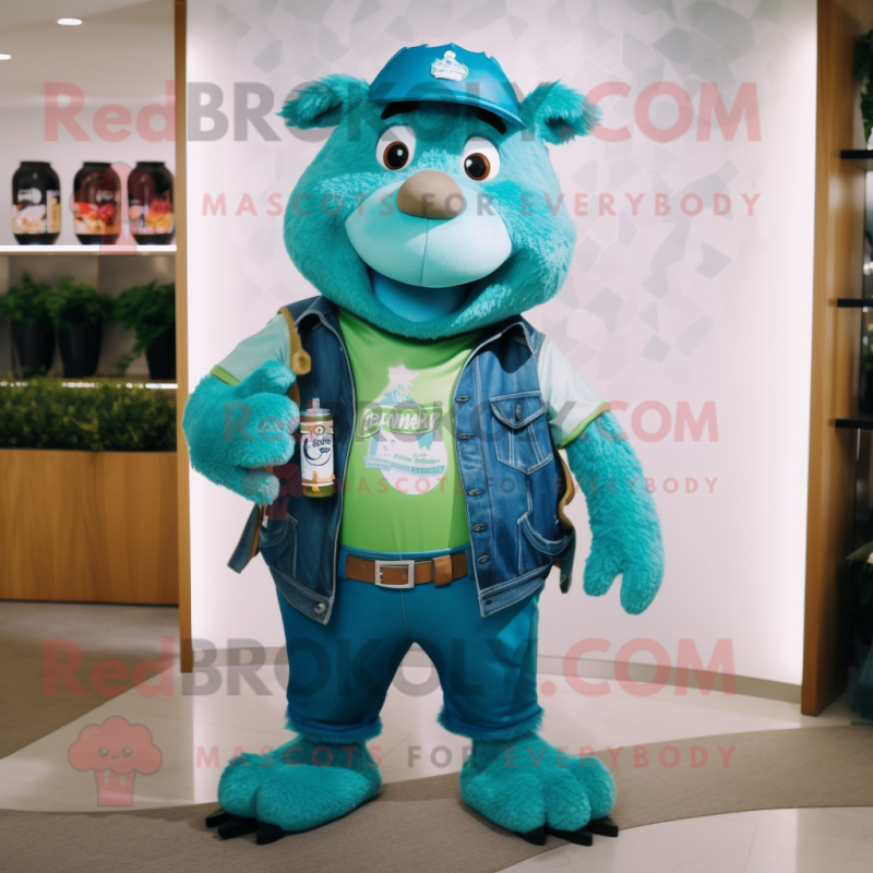 Turquoise Green Beer mascot costume character dressed with a Chinos and Belts Turquoise Green Beer mascot costume character dressed with a Chinos and Belts