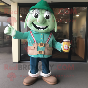 Turquoise Green Beer mascot costume character dressed with a Chinos and Belts