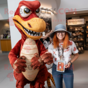 Rust Utahraptor mascot costume character dressed with a Mom Jeans and Coin purses