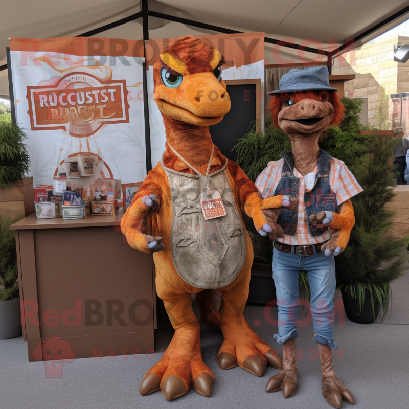 Rust Utahraptor mascot costume character dressed with a Mom Jeans and Coin purses Rust Utahraptor mascot costume character dressed with a Mom Jeans and Coin purses