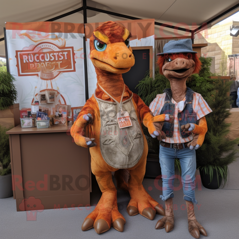 Rust Utahraptor mascot costume character dressed with a Mom Jeans and Coin purses