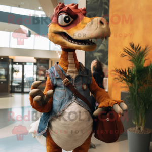 Rust Utahraptor mascot costume character dressed with a Mom Jeans and Coin purses