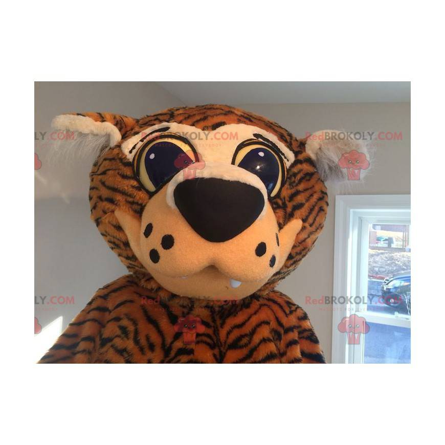 Mascotte de tigre orange et noir avec de grands yeux -