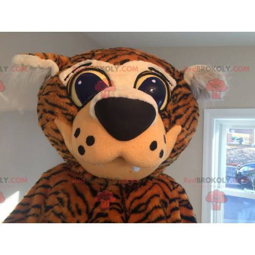 Mascotte de tigre orange et noir avec de grands yeux -