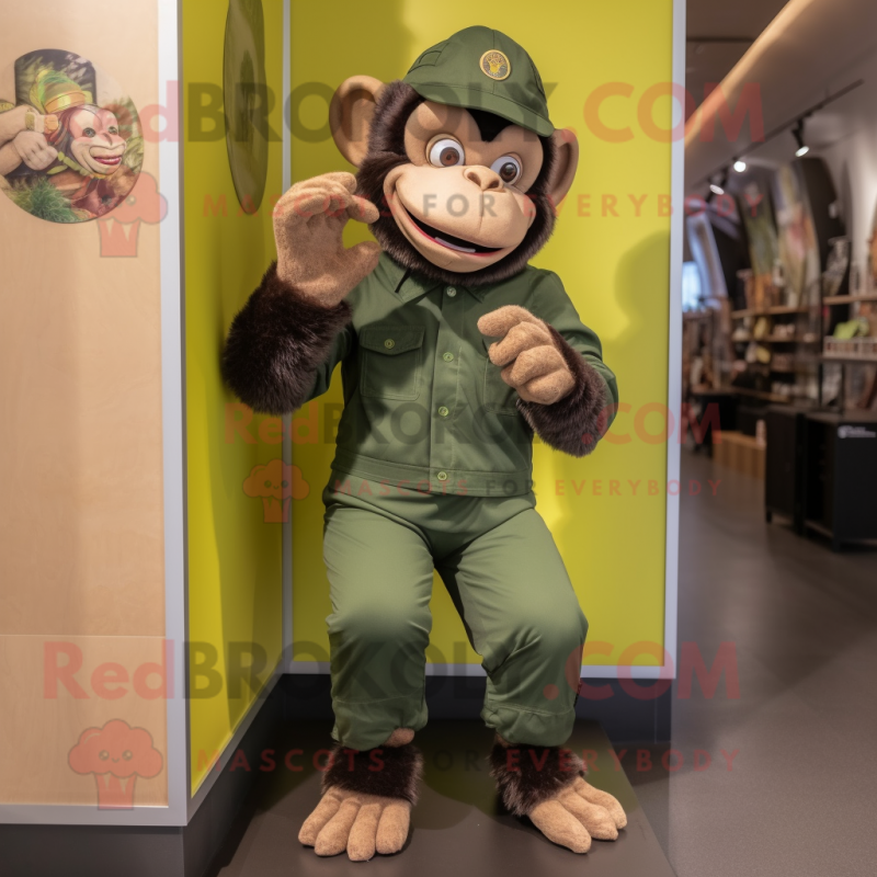 Olive Chimpanzee mascot costume character dressed with a Jeggings and Shoe clips