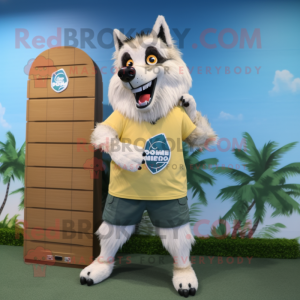 Cream Wolf mascot costume character dressed with a Board Shorts and Clutch bags