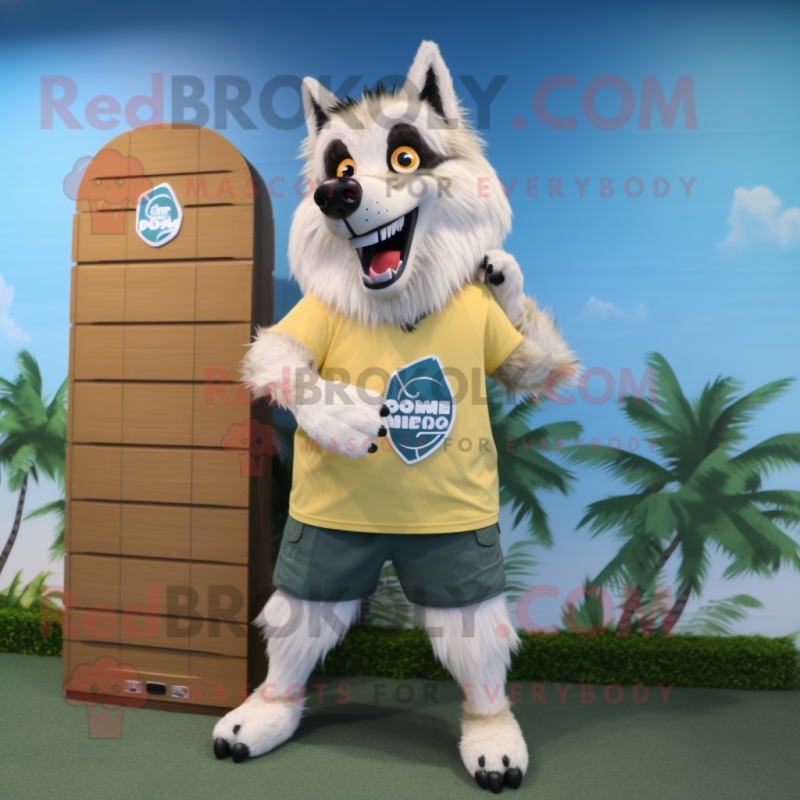 Cream Wolf mascot costume character dressed with a Board Shorts and Clutch bags Cream Wolf mascot costume character dressed with a Board Shorts and Clutch bags