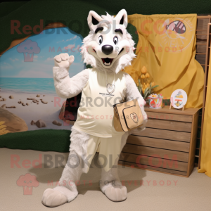 Cream Wolf mascot costume character dressed with a Board Shorts and Clutch bags