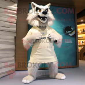 Cream Wolf mascot costume character dressed with a Board Shorts and Clutch bags