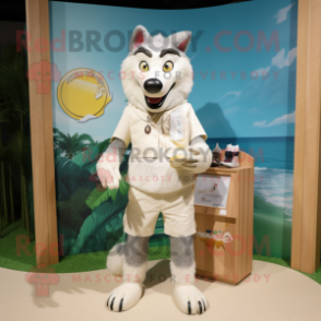 Cream Wolf mascot costume character dressed with a Board Shorts and Clutch bags