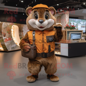 Brown Dormouse mascot costume character dressed with a Jumpsuit and Wallets