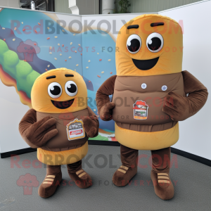 Brown Burgers mascot costume character dressed with a Jumpsuit and Wallets