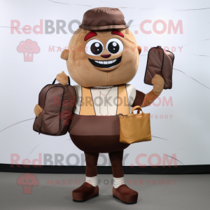 Brown Burgers mascot costume character dressed with a Jumpsuit and Wallets