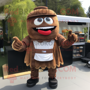 Brown Burgers mascot costume character dressed with a Jumpsuit and Wallets