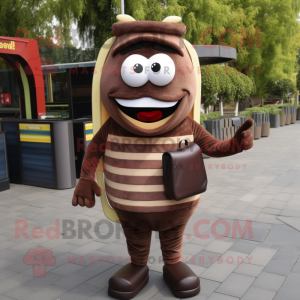 Brown Burgers mascot costume character dressed with a Jumpsuit and Wallets