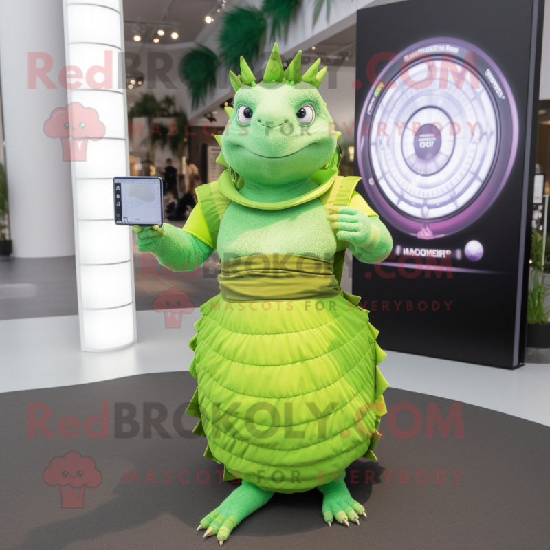 Lime Green Armadillo mascot costume character dressed with a Empire Waist Dress and Smartwatches