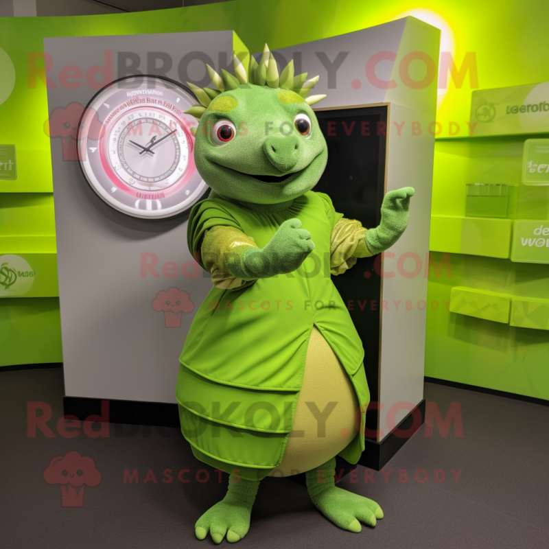 Lime Green Armadillo mascot costume character dressed with a Empire Waist Dress and Smartwatches