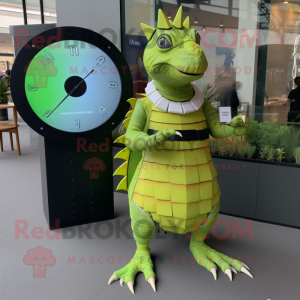 Lime Green Armadillo mascot costume character dressed with a Empire Waist Dress and Smartwatches