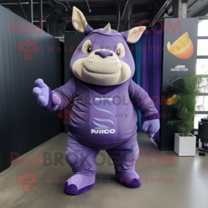 Purple Rhinoceros mascot costume character dressed with a Jumpsuit and Wraps