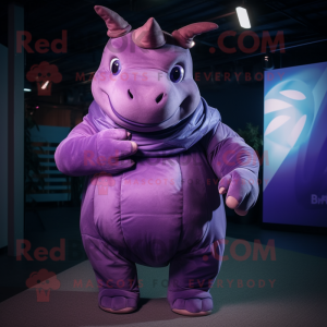 Purple Rhinoceros mascot costume character dressed with a Jumpsuit and Wraps