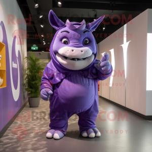 Purple Rhinoceros mascot costume character dressed with a Jumpsuit and Wraps