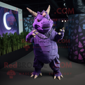 Purple Rhinoceros mascot costume character dressed with a Jumpsuit and Wraps