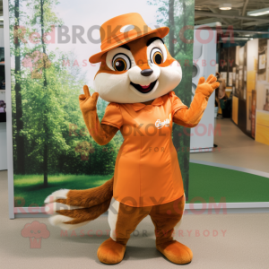 Orange Chipmunk mascot costume character dressed with a Shift Dress and Hat pins