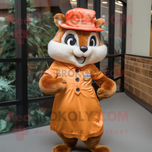 Orange Chipmunk mascot costume character dressed with a Shift Dress and Hat pins