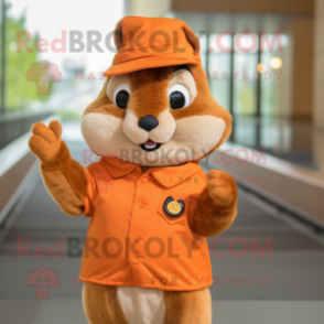 Orange Chipmunk mascot costume character dressed with a Shift Dress and Hat pins