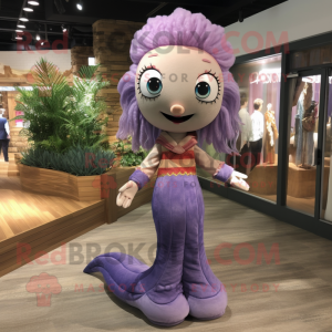 Lavender Mermaid mascot costume character dressed with a Corduroy Pants and Anklets