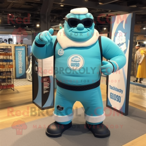 Turquoise Strongman mascot costume character dressed with a Playsuit and Shawls