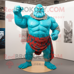Turquoise Strongman mascot costume character dressed with a Playsuit and Shawls