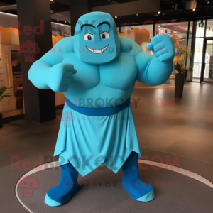 Turquoise Strongman mascot costume character dressed with a Playsuit and Shawls