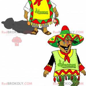 2 mascotes mexicanos em trajes tradicionais coloridos -