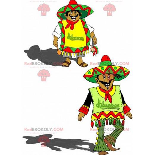 2 mascotes mexicanos em trajes tradicionais coloridos -