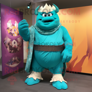 Turquoise Strongman mascot costume character dressed with a Playsuit and Shawls