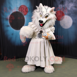 White Wolf mascot costume character dressed with a Ball Gown and Lapel pins