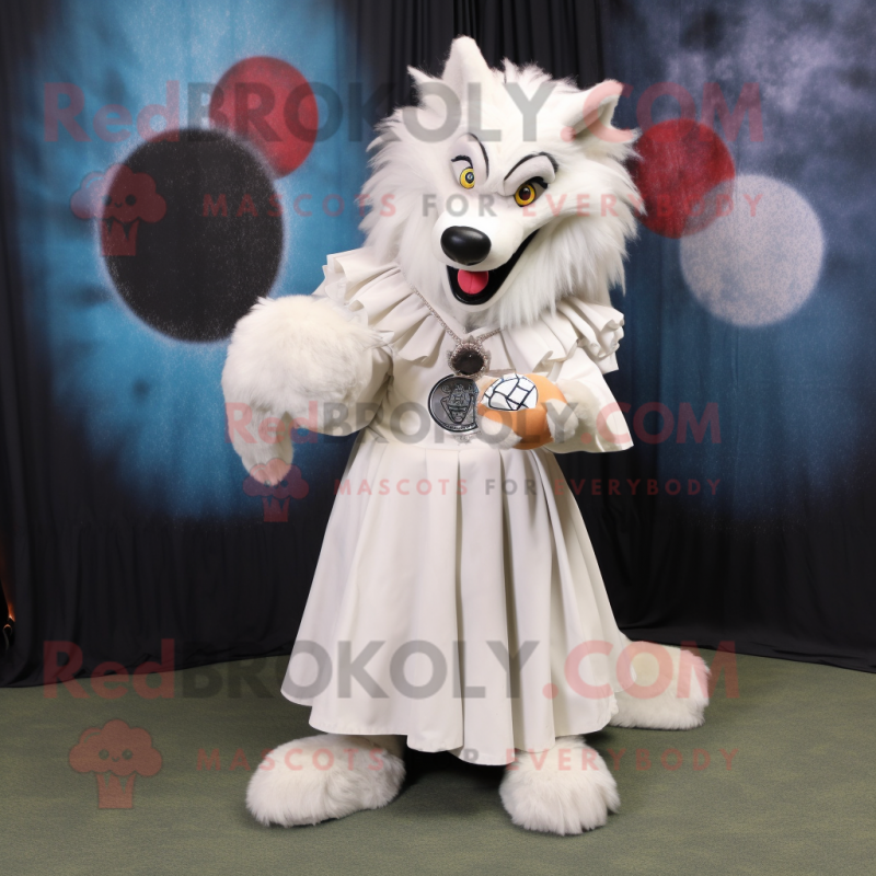 White Wolf mascot costume character dressed with a Ball Gown and Lapel pins White Wolf mascot costume character dressed with a Ball Gown and Lapel pins