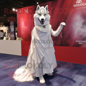 White Wolf mascot costume character dressed with a Ball Gown and Lapel pins