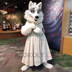 White Wolf mascot costume character dressed with a Ball Gown and Lapel pins