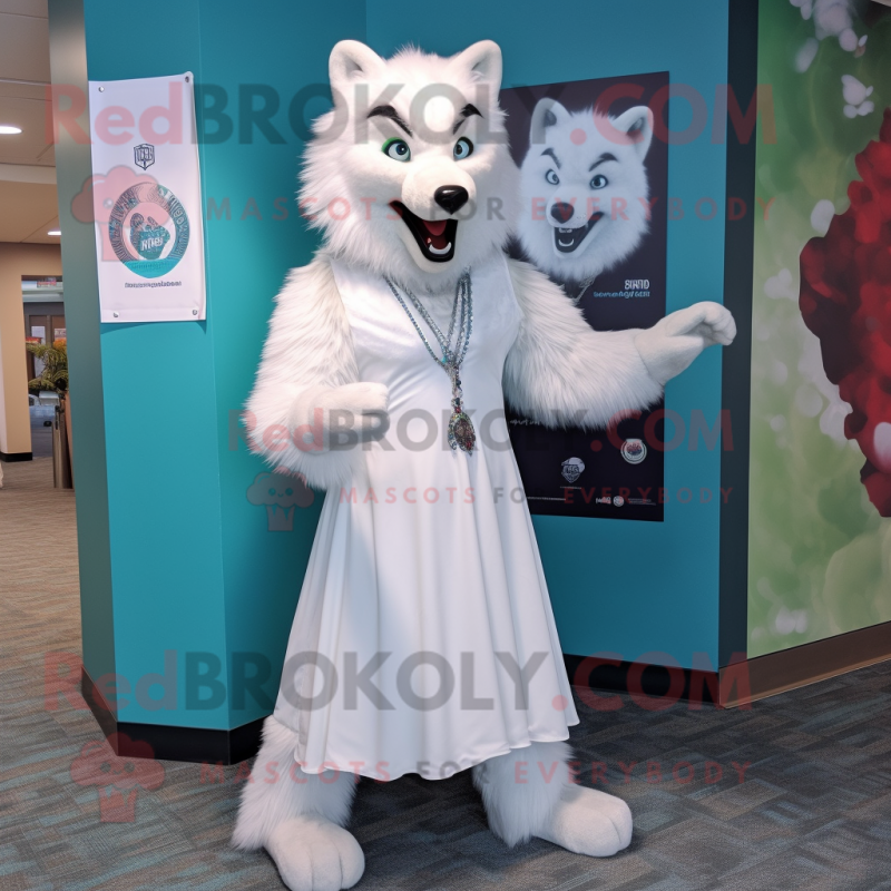 White Wolf mascot costume character dressed with a Ball Gown and Lapel pins White Wolf mascot costume character dressed with a Ball Gown and Lapel pins