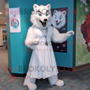 White Wolf mascot costume character dressed with a Ball Gown and Lapel pins