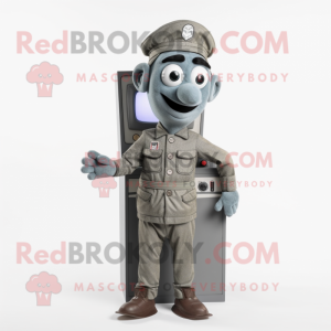 Gray Television mascot costume character dressed with a Bodysuit and Berets