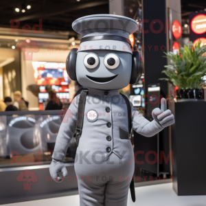 Gray Television mascot costume character dressed with a Bodysuit and Berets