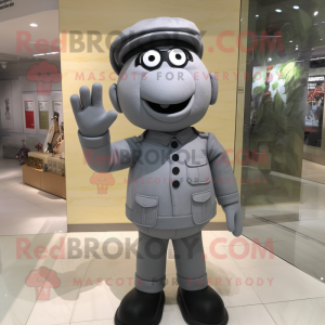 Gray Television mascot costume character dressed with a Bodysuit and Berets