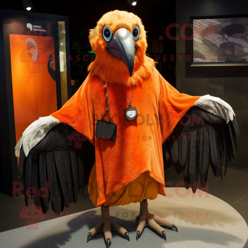 Orange Vulture mascot costume character dressed with a Wrap Skirt and Lapel pins Orange Vulture mascot costume character dressed with a Wrap Skirt and Lapel pins